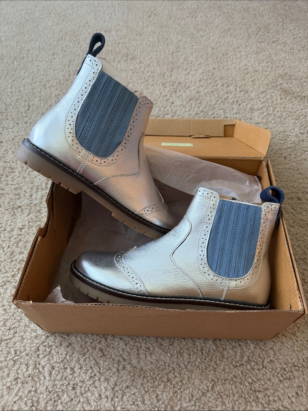 Mini Boden Metallic Silver Chelsea Boots with Navy Side Panels